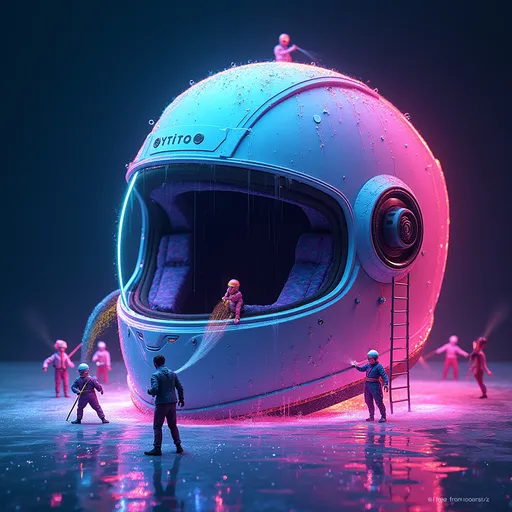 Prompt: "Create an ultra-detailed, vibrant scene featuring a giant neon helmet glowing with electric blues, purples, and pinks against a galaxy, dark backdrop. The helmet is enormous, towering over small playful figures energetically cleaning its surface. These figures, dressed in colorful neon suits, wield oversized hoses that spray glistening water droplets. The droplets refract the neon lights, creating mini rainbows as they fall. The scene is filled with dynamic motion, with figures balancing on ladders or floating using neon-powered propulsion, adding a sense of fluidity and energy. The helmet’s surface is glossy, with reflections and iridescent details, and soft neon halos that spill into the dark, atmospheric background. The mood is whimsical and energetic, filled with bright, surreal proportions that emphasize the contrast between the helmet and tiny figures. The lighting should be highly detailed, with glowing water that fuses with the neon lights, creating a vibrant and playful atmosphere. The entire scene should feel like a dream-like, futuristic celebration of teamwork and fun, with intricate textures and glowing highlights throughout."