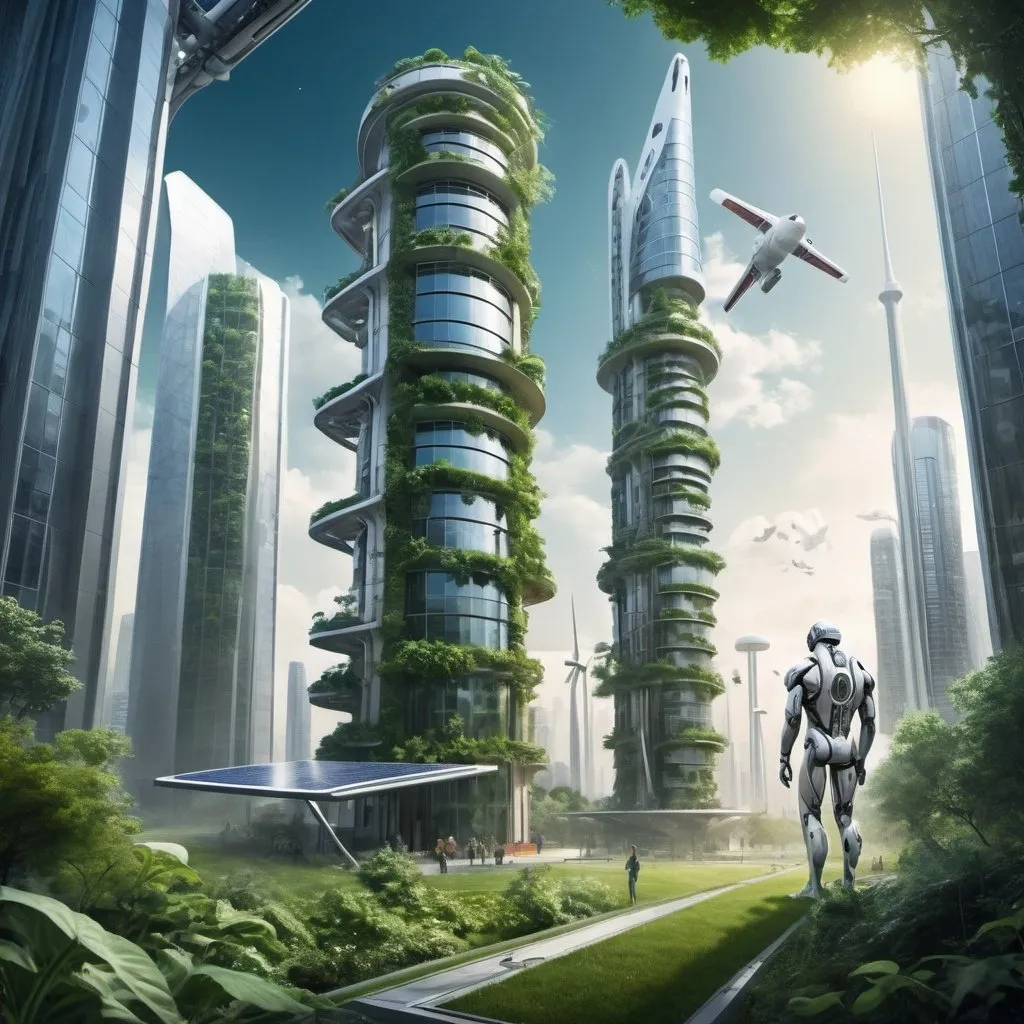 Prompt: Come up with a futuristic picture with the elements: cyborg humans , heavy use of renewable energy, travelling to space, greenery on high rise building and free healthcare