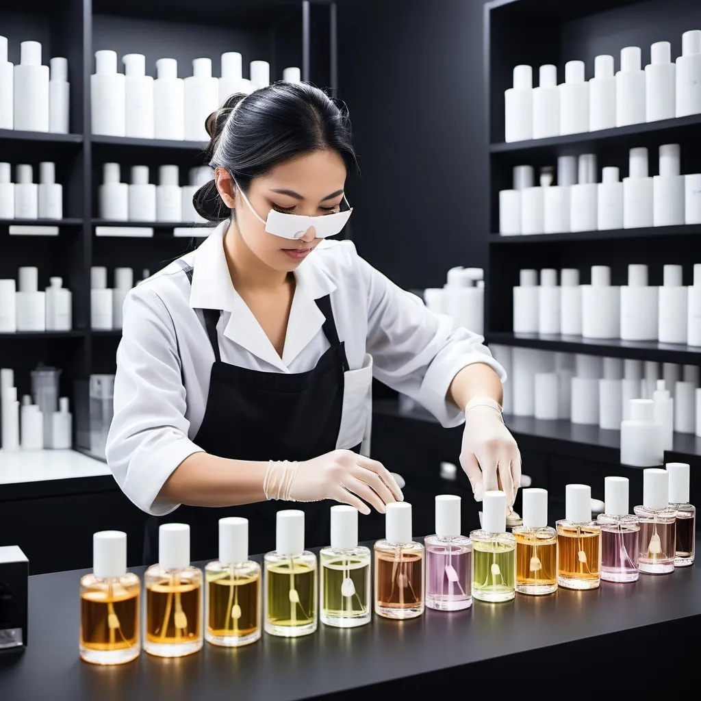 Prompt: Perfumer busy in a perfume lab, clean crisp. The scent collective, coming soon. Lab person to be of Thai decent