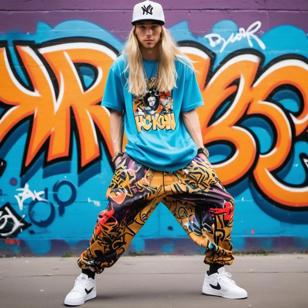 Prompt: Hip hop dancer with backwards hat, long blond hair, baggy ALL graffiti outfit, tall BOY. 