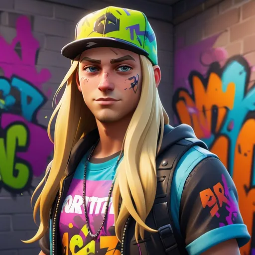 Prompt: Fortnite skin with long blond hair, graffiti outfit, backwards hat, tall boy, high quality, graffiti art style, vibrant colors, urban setting, detailed facial features, cool lighting