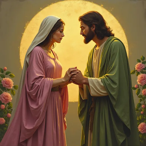 Prompt: Mary Magdalene wearing light magenta dress facing Jesus wearing light olive green Waterloo tones with golden rose circle behind them