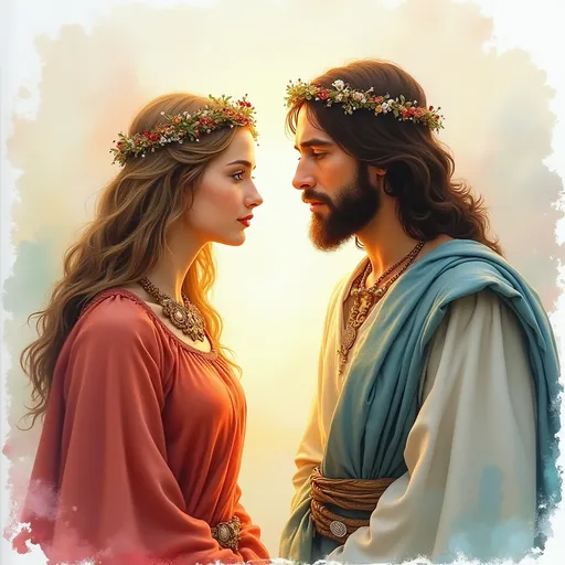 Prompt: Mary Magdalene and Jesus facing each other watercolor 