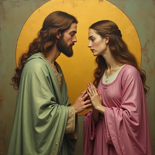 Prompt: Mary Magdalene wearing light magenta dress facing Jesus wearing light olive green Waterloo tones with golden rose circle behind them