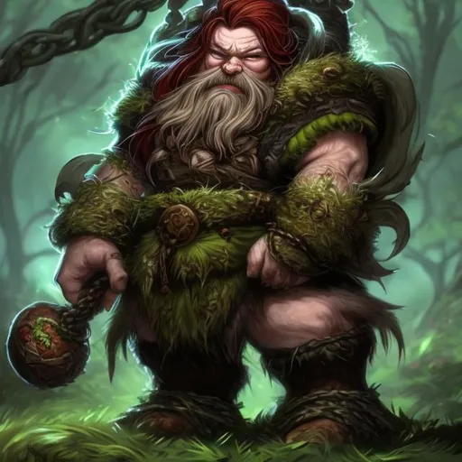 Prompt: dwarf male with dark green skin and reddish hair as a feral druid wrapped in a thick chain