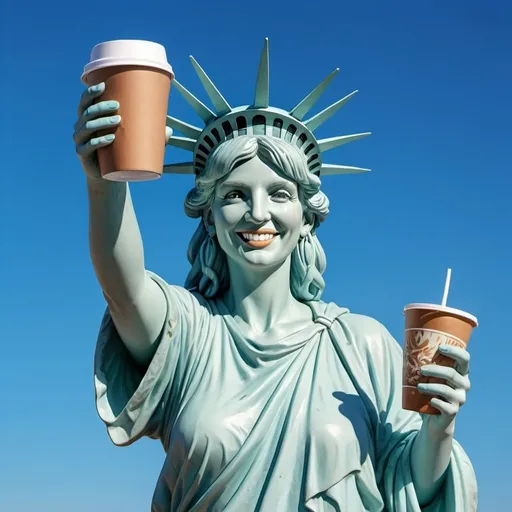 Prompt: A happily smile Statue of Liberty, front view, open eyes, half body, left hand holding a of coffee cup drink on blue sky, realistic