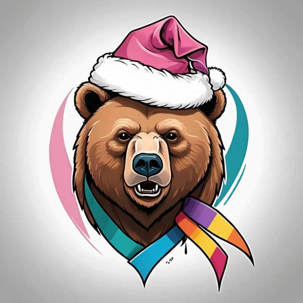 Prompt: Bear Pride Flag Tattoo with Thyroid cancer ribbon and santa hat