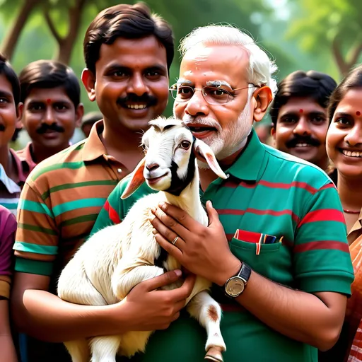 Prompt: (Narendra Modi), wearing a stylish brown and green striped polo shirt, gently holding a playful goat by the neck, surrounded by a vibrant atmosphere, lively scene with cheerful people engaging in various activities, colorful attire of bystanders, radiant sunlight illuminating the scene, lush greenery in the background, HD quality, rich colors, joyful and festive mood.