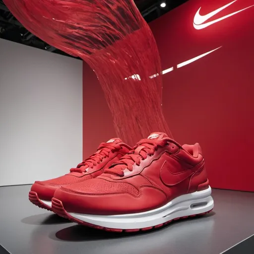 Prompt: the display of a large red nike shoes that is windy because of its lightness takes it away