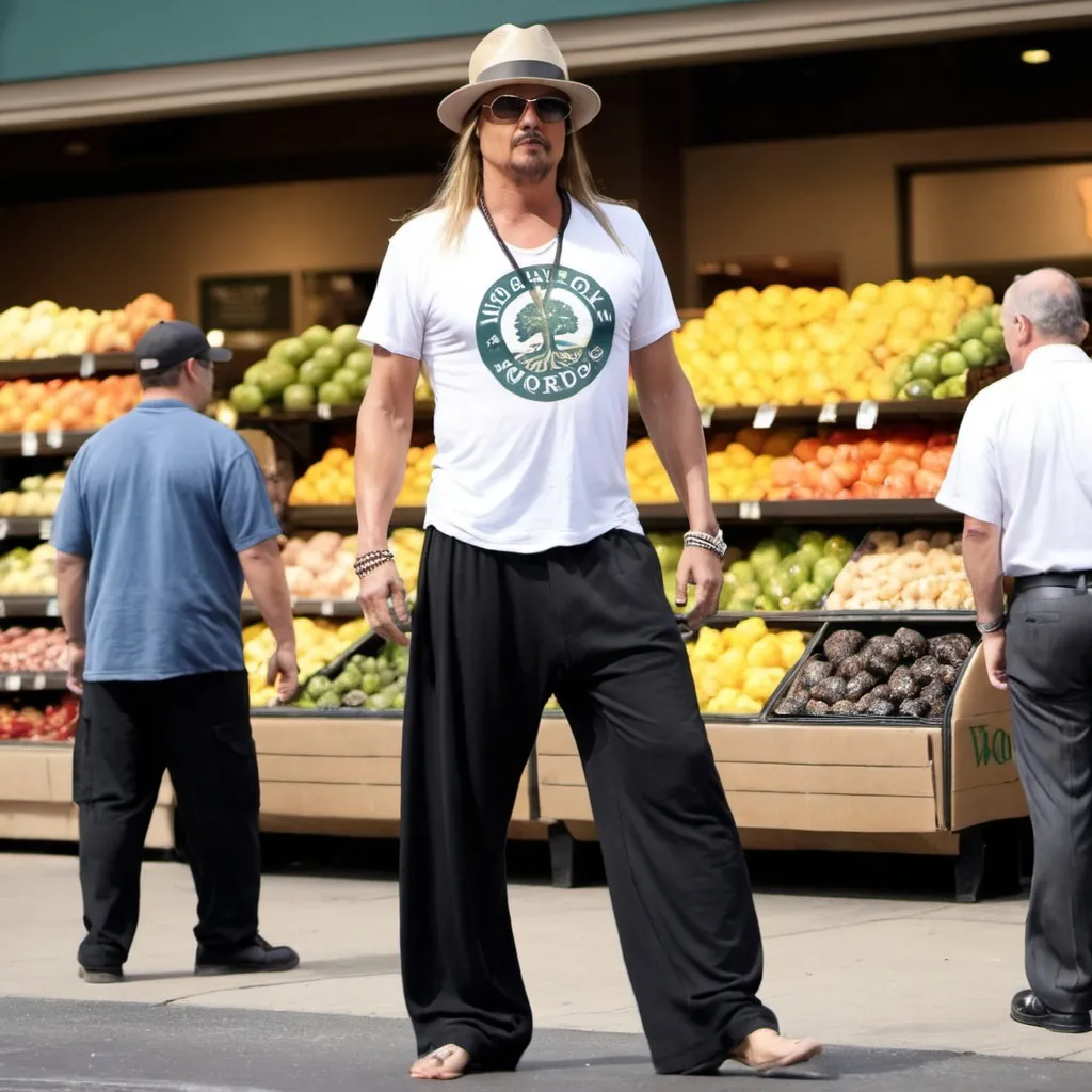 Prompt: Kid rock wearing harem pants in front of Whole Foods  