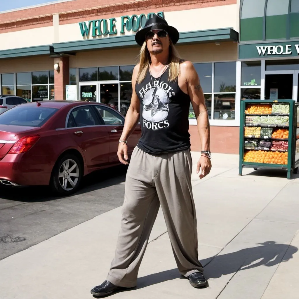 Prompt: Kid rock wearing harem pants in front of Whole Foods  