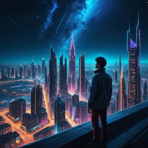 Prompt: a futuristic city with a person looking at it from top of a high building wallpaper
