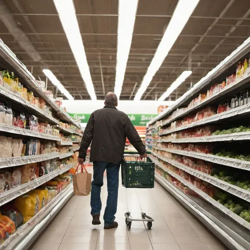 Prompt: A man is shopping in a huge supermarket