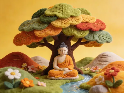 Prompt: Create an image of a Buddha in a meditative position, sitting under the shade of a tree, surrounded by a peaceful landscape and some nature. Make it look as if it were made of felt, giving it a slightly 3D effect, with vibrant colors.