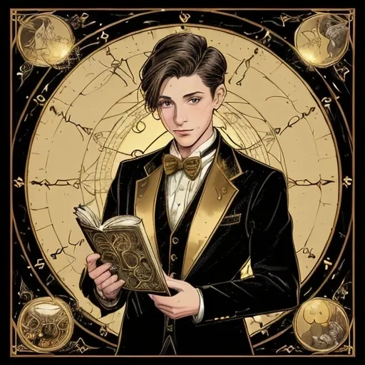 Prompt: 
*A warm, vintage fantasy illustration in comic panel style. A handsome young man with short brown hair wearing a tuxedo and bow tie stands confidently, looking to the side. Other panels show mystical objects: an old golden clock with intricate designs, glass potion bottles filled with colorful liquids, an open spellbook with botanical drawings, and glowing candles dripping wax. Another panel shows a scarf with golden and black stripes. The atmosphere is magical, cozy, and elegant, with warm golden light and detailed line art.*

**Style additions (optional):**

* "Anime-inspired illustration, detailed shading, warm tones"
* "Vintage fantasy aesthetic, magical realism"
* "Soft glowing light, cozy and mysterious atmosphere"
