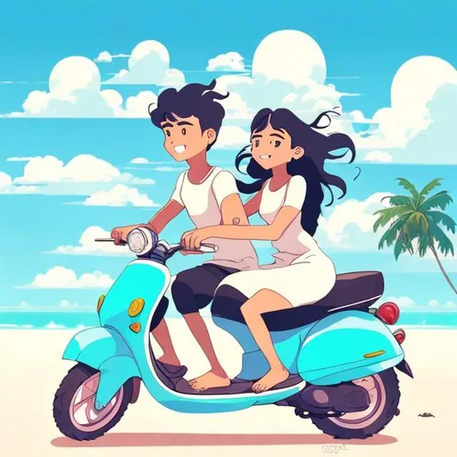 Prompt: Generate a captivating 2D illustration featuring a joyful 25-year-old Maldivian couple, both wearing white t-shirts, happily riding a scoopy. The backdrop should showcase a picturesque scene of a serene blue sky with fluffy clouds, coconut palms, and a beautiful beach. Craft this enchanting and whimsical image in a style reminiscent of Studio Ghibli anime, paying special attention to the characters' faces. Emphasize vibrant colors, ensure their expressions exude genuine happiness and contentment, and create an overall magical atmosphere that adds warmth and wonder to the scene.