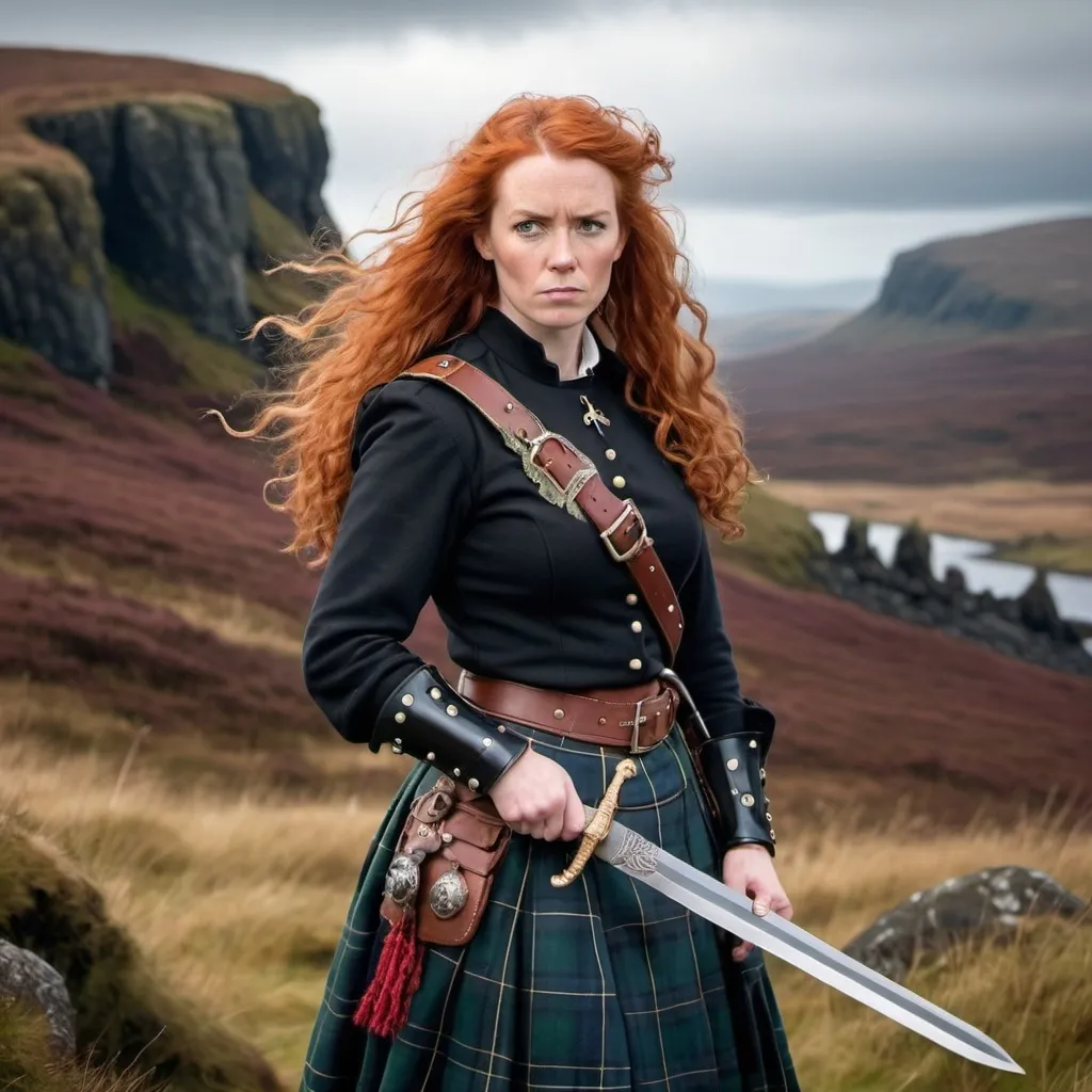 Prompt: Scottish woman in her 40s. She is wearing black watch tartan traditional clothing. She has curly long red hair. Woman has a serious expression. She is holding an ornate sword by the hilt with both hands. The backdrop is Scottish moors. On the side is a jagged rock.