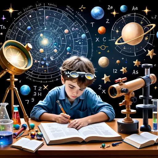 Prompt: Real ,a boy in a well-equipped lab, surrounded by tools for studying physics, mathematics, the universe, and psychology. He's engrossed in learning, with a telescope pointed at the stars, books scattered around, and equations on a blackboard. The scene reflects his curiosity and passion for exploring the mysteries of science and the mind.