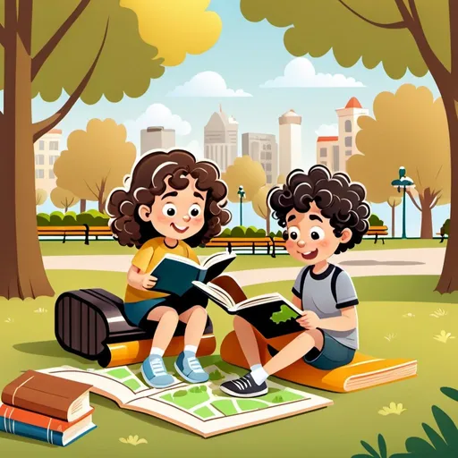 Prompt: same Cute little 6 year old girl with curly long brown hair reading a book. Next to her same cute little six year old boy with short black hair reaing a map. Sitting on a park bench, park setting, cartoon, colorful, cheerful atmosphere, sunny lighting, flat illustration, cartoon, vector illustration