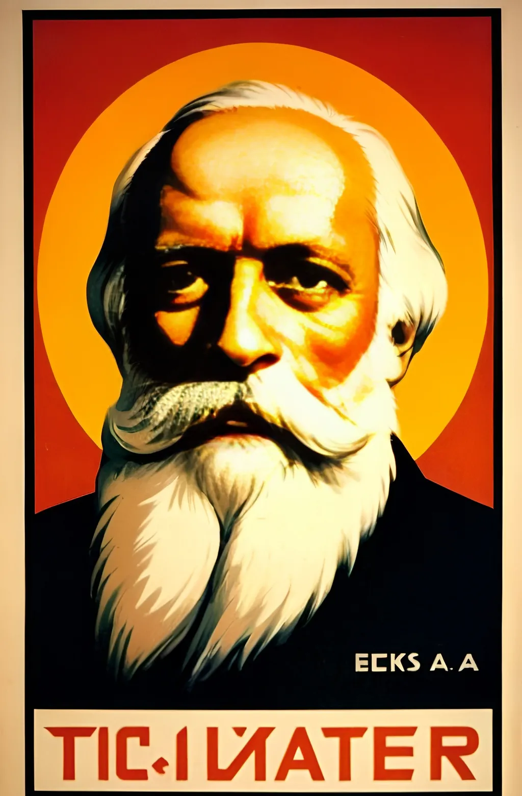 Prompt: (soviet era style propaganda poster), (vivid colors), Martin Buber at the center, calm and trusting gaze, intense emotions, dramatic expression, bold graphics, dynamic composition, historical atmosphere, symbolism of unity and trust, vintage texture, high detail, high quality, striking visual impact, evocative art style, cinematic depth.