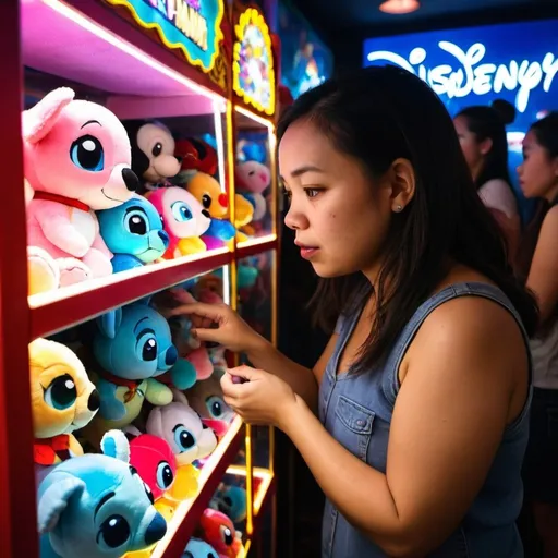 Prompt: A Filipino woman concentrating on winning an disney stitch stuffed animal inside a claw machine at a neon lit arcade full of people
