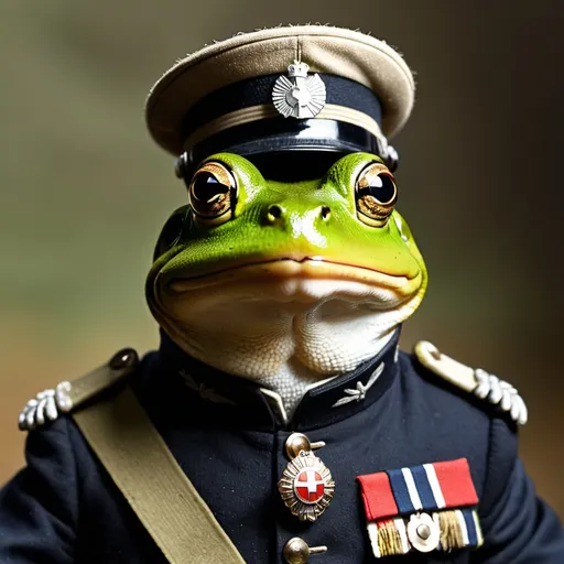 Prompt: A portrait of a noble frog commissioned as an officer for the German frog army of world war one wearing an early German world war one uniform
