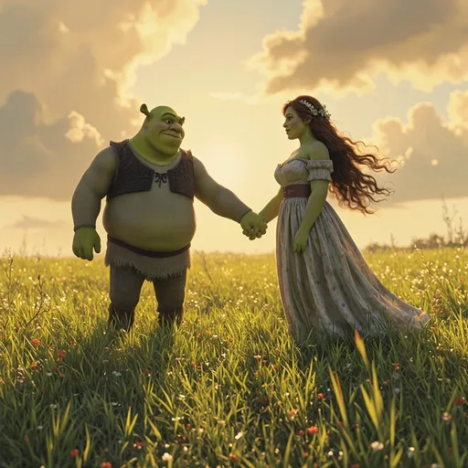 Prompt: faz um shrek romantico no meio do campo a olhar para tras enquanto dar
 a mao mas ele esta a dar a mao a mim e ele e gordo ele esta a olhar para tras e a fingir q me da uma mao ele esta sozinho
