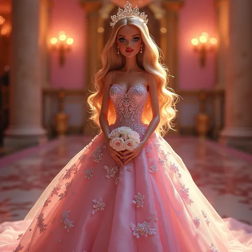 Prompt: Barbie doll in a stunning Versace wedding dress, opulent details, intricate lace and embroidery, soft flowing fabric, vibrant colors, lavish setting, glamorous ambiance, dreamy lighting, delicate accessories, beautifully arranged bridal bouquet, romantic atmosphere, HD, ultra-detailed, showcasing elegance and luxury.
