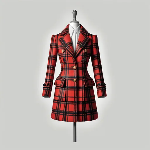 Prompt: a women's fitted red and black plaid coat, on a white background, Alexander McQueen, maximalism, no model, creat as a 2-D vector