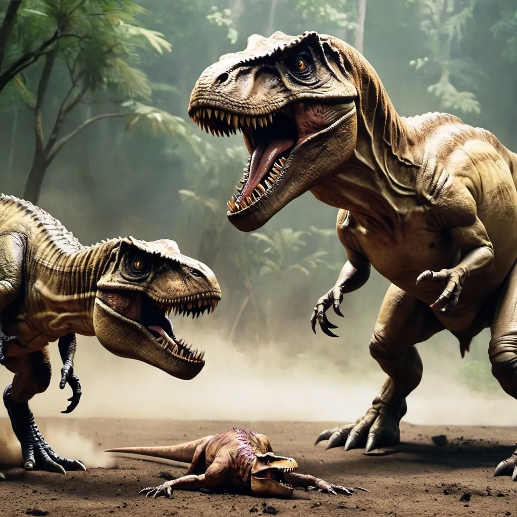 Prompt: t-rex rex fighting another t-rex with another one dead on the ground