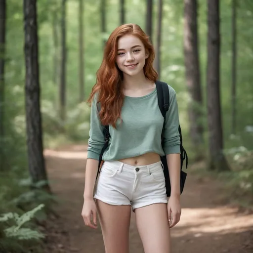 Prompt: Realistic 3D photo quality full body lateral image of a 17 year old female, Caucasian ethnicity, white skin with some freckles, long wavy red hair, slightly dark green eyes, thin red eyebrows, small upturned nose, full lips, shy, round smile, small and pretty face, short height, fit body, dressed in a small top, small shorts and white sneakers,backpack on the back,  background of a trail in the woods. Sunny environment. The woman is standing and her view is sideways.