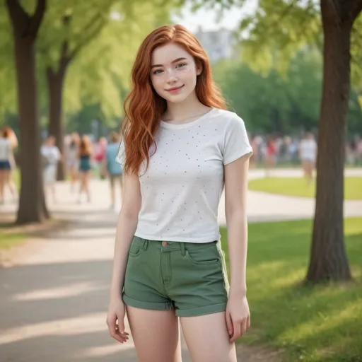 Prompt: Realistic 3D photo quality full body lateral image of a 17 year old female, Caucasian ethnicity, white skin with some freckles, long wavy red hair, slightly dark green eyes, thin red eyebrows, small upturned nose, full lips, shy, round smile, small and pretty face, short height, fit body, dressed in a small top, small shorts and white sneakers, background of a park with many people and with trees. Sunny environment. The woman is standing and her view is sideways.