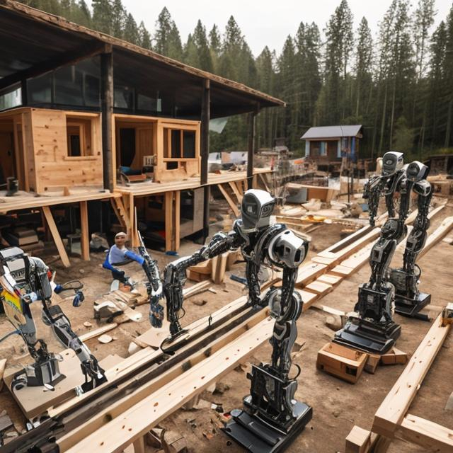 Prompt: robots working with humans building traditional wood framed houses 