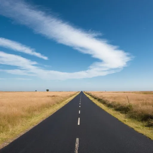Prompt: a black topped road with a car moving towards distant with blue beautiful sky and grasses on both side of road. can you put 3-4 cars on the road