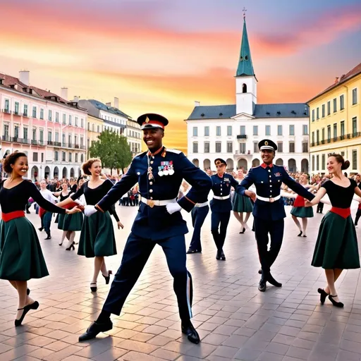 Prompt: The poster features a humorous and lively scene of soldiers and civilians dancing together in a town square. The central figure is a soldier, in full uniform but with ballet slippers, gracefully leading the dance. Around him, people of all ages and genders are joining in, some in traditional dance poses, others with exaggerated, comical expressions. The background shows a sunset, symbolizing the end of the war, and banners with peace symbols and hearts hang around the square