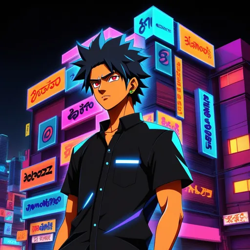 Prompt: (accurately spelled text "diamondz, Bholekar Srihari, samikshavad, jayison devadas"), vibrant neon building backdrop, illuminated neon sign, a man dressed in a stylish black shirt, mood of dynamism and energy, creative use of colors, (anime stylized) portrait influences from Naruto, blending urban and artistic elements in a striking composition, high resolution, ultra-detailed.