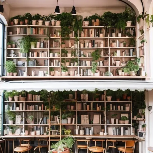 Prompt: a cute and small french cafe that's lined with book shelves and plants