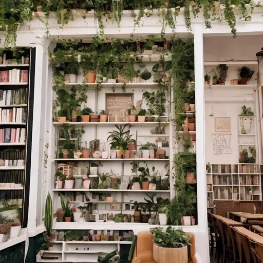 Prompt: a cute and small french cafe that's lined with book shelves and plants with few people