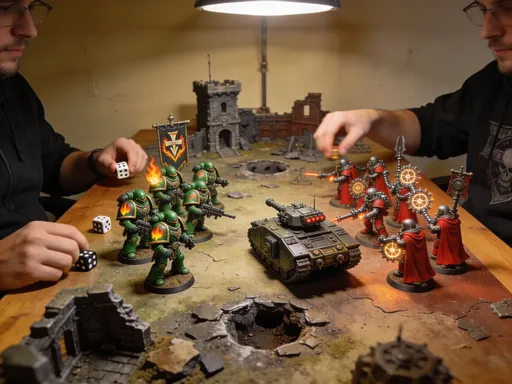 Prompt: Generate an image which depicts two players playing Warhammer 40k table-top game - one with an Adeptus Astartes Salamanders army, the other with an Adeptus Mechanicus army