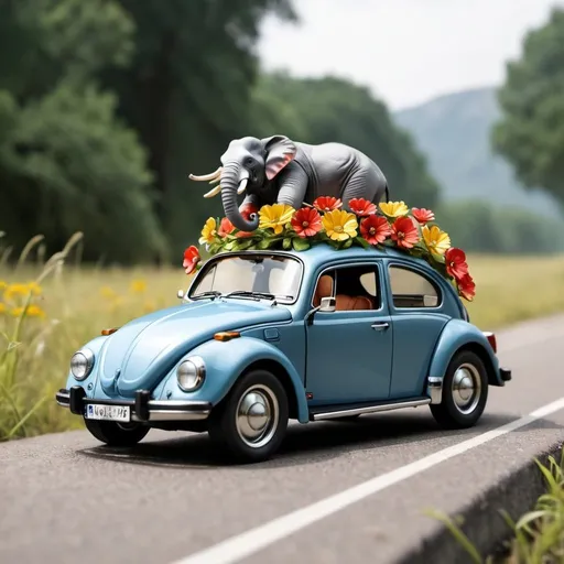 Prompt: realistic elephant family
 and on the road  1974 model beetle with flowers 