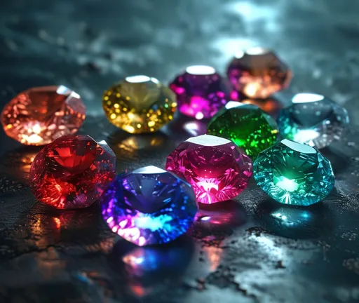 Prompt: (eight , shiny magic stones), (first: red ruby), (second: gold), (third: green jade), (fourth: blue sapphire), (fifth: pink), (sixth: white opal) (seventh: black onyx), (eighth: purple amethyst), each stone glows with a radiant magical aura, intricately detailed facets reflecting light, vivid colors illuminating the surrounding space, enchanting and mystical atmosphere, soft space background, ethereal lighting, ultra-detailed, high quality, 4K.