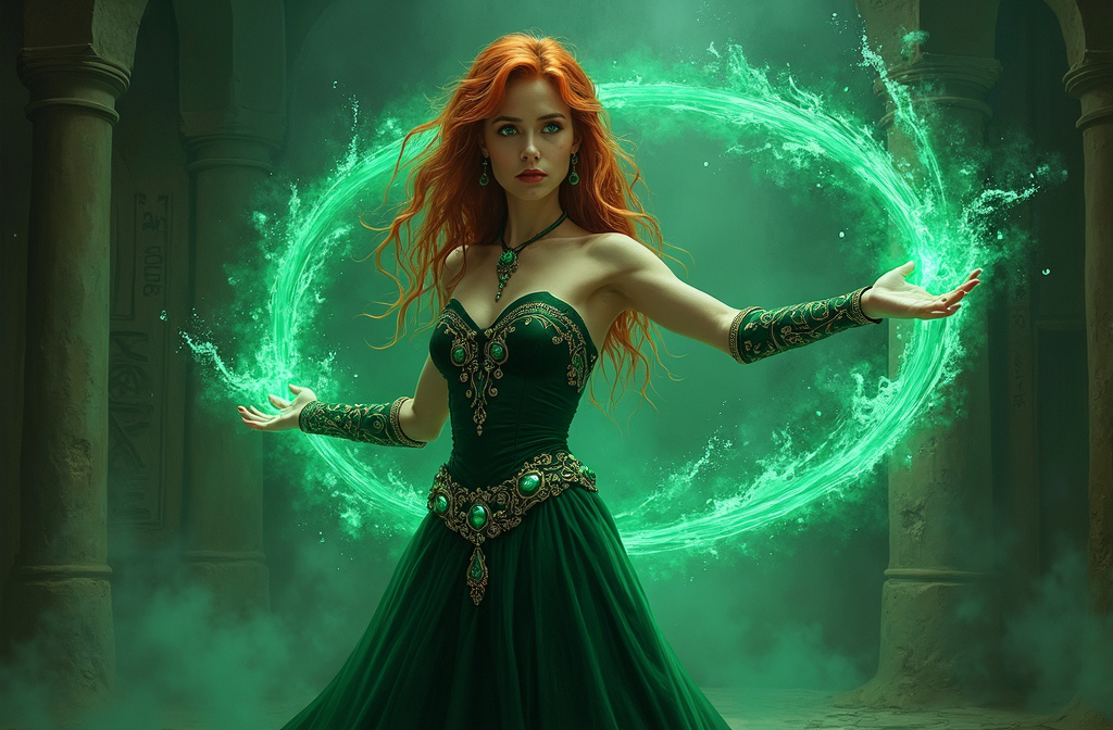 Prompt: Full-body brushed oil painting of a powerful young sorceress, scantily dressed, her  REDHEAD hair. She stands in the center of a dark, mystical chamber. Her piercing, bright GREEN eyes radiate intensity and determination as she conjures up a swirling vortex of GREEN magic. The liquid spirals around her, illuminated by a soft, ethereal light with intricate details like splashes and droplets floating in the air. Her left arm is outstretched towards the viewer and highly detailed, the emanating water magic focused in her fingertips.  Her dark, medieval-looking robe is adorned with elaborate embroidery and clasped at the collar by a glowing GREEN gemstone. The background is a shadowy void with faint textures of old, cracked walls and glowing runes etched faintly into the darkness. The lighting is dramatic, casting soft highlights and deep shadows, while the color palette is dominated by deep GREEN  blacks and silvers. The atmosphere is powerful and exudes mysticism and energy. Shot in a cinematic close-up, the scene is vivid and hyper-realistic, focusing on fine details such as reflections in the water and the intricate textures of her garment.