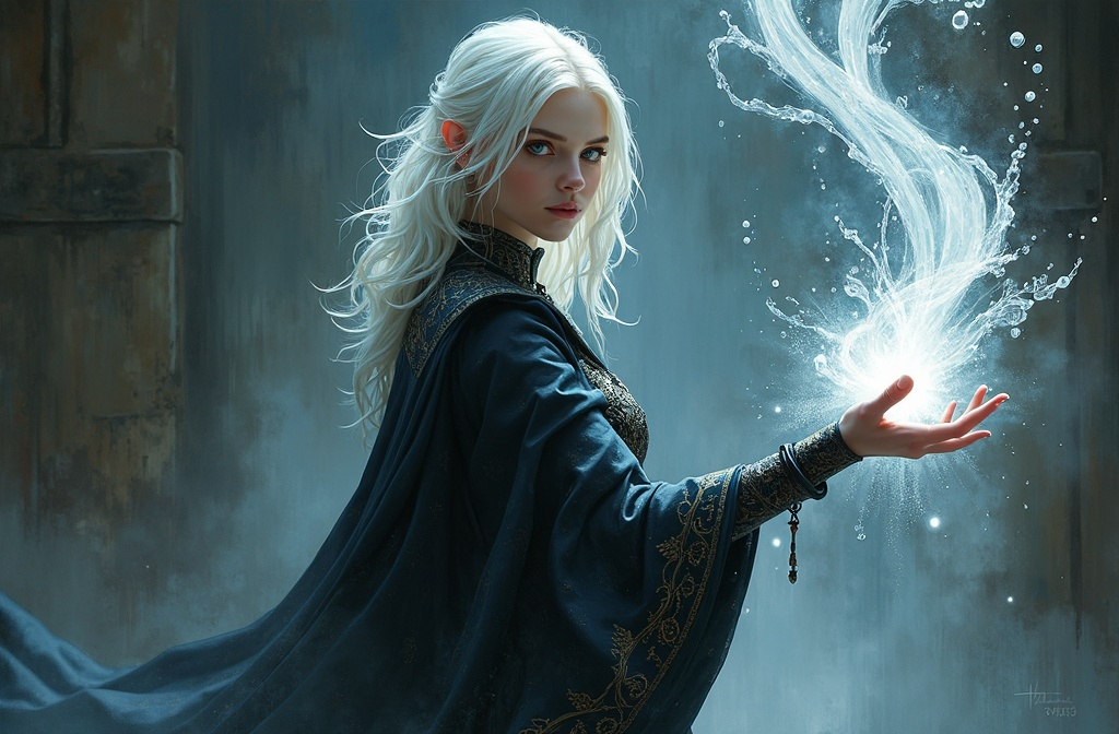 Prompt: Full-body brushed oil painting of a powerful young sorceress, her   WHITE shoulder-length hair shimmering through faint drops of water. She stands in the center of a dark, mystical chamber. Her piercing, bright WHITE eyes radiate intensity and determination as she conjures up a swirling vortex of WHITE magic. The liquid spirals around her, illuminated by a soft, ethereal light with intricate details like splashes and droplets floating in the air. Her left arm is outstretched towards the viewer and highly detailed, the emanating water magic focused in her fingertips.  Her dark, medieval-looking robe is adorned with elaborate embroidery and clasped at the collar by a glowing WHITE gemstone. The background is a shadowy void with faint textures of old, cracked walls and glowing runes etched faintly into the darkness. The lighting is dramatic, casting soft highlights and deep shadows, while the color palette is dominated by deep WHITE, blacks and silvers. The atmosphere is powerful and exudes mysticism and energy. Shot in a cinematic close-up, the scene is vivid and hyper-realistic, focusing on fine details such as reflections in the water and the intricate textures of her garment.