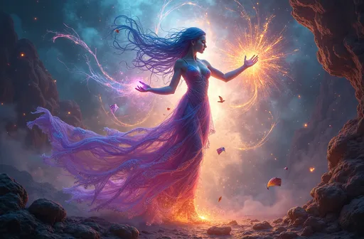 Prompt: "The radiant Aetherborn woman, her translucent, iridescent body swirling in vibrant shades of purple, turquoise, RED, BLUE, and gold, stands at the center of a cosmic rift. Her form shimmers with fleeting light, ever-changing as if made of living starlight. She manipulates threads of glowing aether with her elongated, delicate hands, weaving them into intricate patterns that ripple through the air like a celestial tapestry around her, fragments of shattered worlds floating weightlessly, illuminated by a nebula pulsing with energy. Her eyes are twin galaxies, shimmering with wisdom and power as she gazes into infinite expansion."