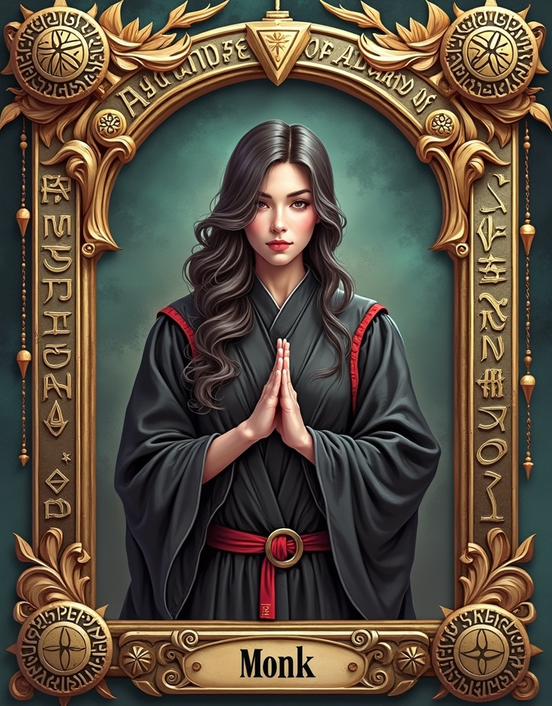 Prompt: RPG game card (inside: woman, perfect body, black, monk's robe, monk symbol, hands folded in a secret symbol), (precisely written inscription: "Monk"), beautifully designed, richly decorated frame surrounded by secret symbols and runes, detailed textures, decorative motifs in the frame, vivid colors, epic fantasy atmosphere, extremely detailed, high-quality illustration.