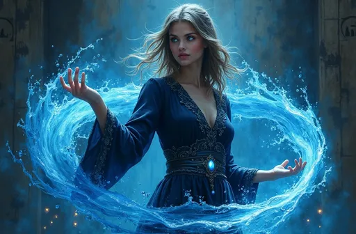 Prompt: Full-body brushed oil painting of a powerful young sorceress, her   shoulder-length hair shimmering through faint drops of water. She stands in the center of a dark, mystical chamber. Her piercing, bright BLUE eyes radiate intensity and determination as she conjures up a swirling vortex of BLUE magic. The liquid spirals around her, illuminated by a soft, ethereal light with intricate details like splashes and droplets floating in the air. Her left arm is outstretched towards the viewer and highly detailed, the emanating water magic focused in her fingertips.  Her dark, medieval-looking robe is adorned with elaborate embroidery and clasped at the collar by a glowing BLUE gemstone. The background is a shadowy void with faint textures of old, cracked walls and glowing runes etched faintly into the darkness. The lighting is dramatic, casting soft highlights and deep shadows, while the color palette is dominated by deep BLUE  blacks and silvers. The atmosphere is powerful and exudes mysticism and energy. Shot in a cinematic close-up, the scene is vivid and hyper-realistic, focusing on fine details such as reflections in the water and the intricate textures of her garment.