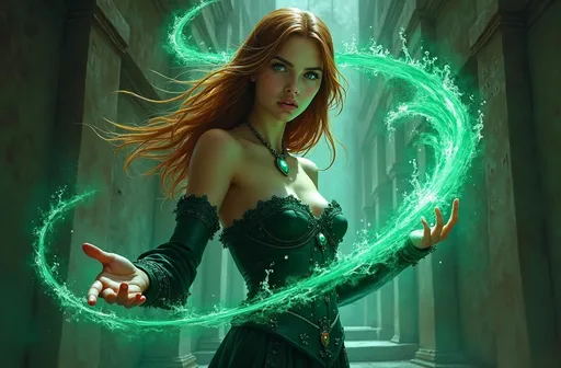 Prompt: Full-body brushed oil painting of a powerful young sorceress, scantily dressed, her  REDHEAD hair. She stands in the center of a dark, mystical chamber. Her piercing, bright GREEN eyes radiate intensity and determination as she conjures up a swirling vortex of GREEN magic. The liquid spirals around her, illuminated by a soft, ethereal light with intricate details like splashes and droplets floating in the air. Her left arm is outstretched towards the viewer and highly detailed, the emanating water magic focused in her fingertips.  Her dark, medieval-looking robe is adorned with elaborate embroidery and clasped at the collar by a glowing GREEN gemstone. The background is a shadowy void with faint textures of old, cracked walls and glowing runes etched faintly into the darkness. The lighting is dramatic, casting soft highlights and deep shadows, while the color palette is dominated by deep GREEN  blacks and silvers. The atmosphere is powerful and exudes mysticism and energy. Shot in a cinematic close-up, the scene is vivid and hyper-realistic, focusing on fine details such as reflections in the water and the intricate textures of her garment.