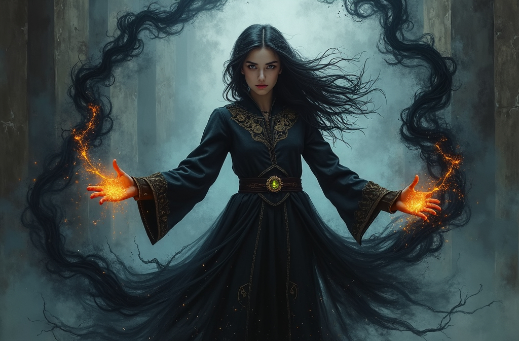 Prompt: Full-body brushed oil painting of a powerful young sorceress, her  shoulder-length hair shimmering through faint drops of water. She stands in the center of a dark, mystical chamber. Her piercing, bright BLACK eyes radiate intensity and determination as she conjures up a swirling vortex of BLACK  magic. The BLACK SMOKE spirals around her, illuminated by a soft, ethereal light with intricate details like splashes and droplets floating in the air. Her left arm is outstretched towards the viewer and highly detailed, the emanating water magic focused in her fingertips.  Her dark, medieval-looking robe is adorned with elaborate embroidery and clasped at the collar by a glowing BLACK gemstone. The background is a shadowy void with faint textures of old, cracked walls and glowing runes etched faintly into the darkness. The lighting is dramatic, casting soft highlights and deep shadows, while the color palette is dominated by deep BLACK, blacks and silvers. The atmosphere is powerful and exudes mysticism and energy. Shot in a cinematic close-up, the scene is vivid and hyper-realistic, focusing on fine details such as reflections in the water and the intricate textures of her garment.