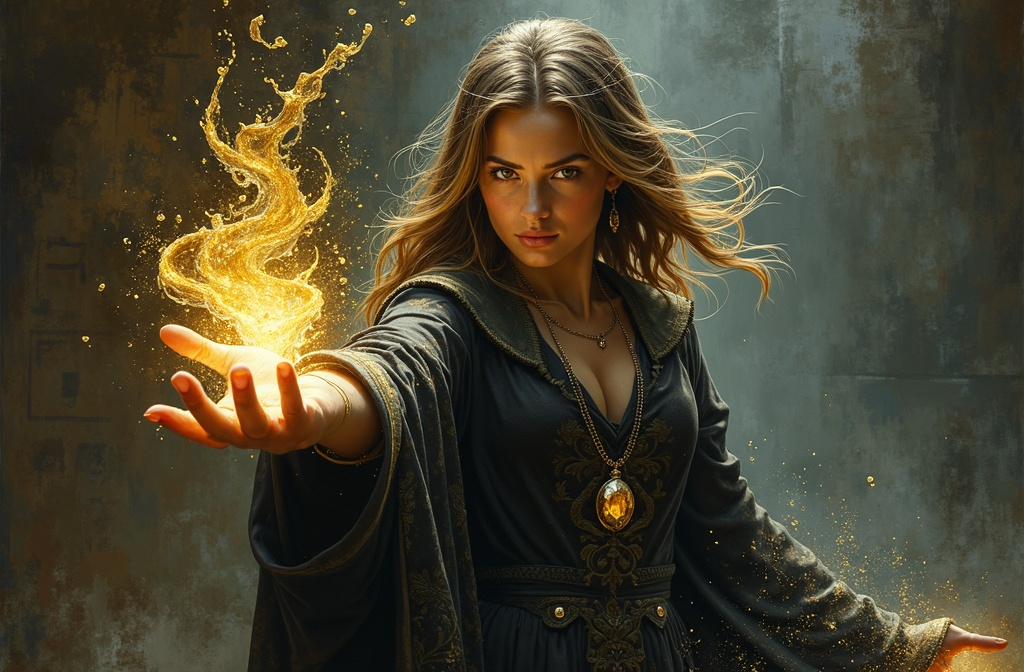 Prompt: Full-body brushed oil painting of a powerful young sorceress, her shoulder-length hair shimmering through faint drops of water. She stands in the center of a dark, mystical chamber. Her piercing, bright GOLD eyes radiate intensity and determination as she conjures up a swirling vortex of GOLD magic. The liquid spirals around her, illuminated by a soft, ethereal light with intricate details like splashes and droplets floating in the air. Her left arm is outstretched towards the viewer and highly detailed, the emanating water magic focused in her fingertips.  Her dark, medieval-looking robe is adorned with elaborate embroidery and clasped at the collar by a glowing GOLD gemstone. The background is a shadowy void with faint textures of old, cracked walls and glowing runes etched faintly into the darkness. The lighting is dramatic, casting soft highlights and deep shadows, while the color palette is dominated by deep GOLD, blacks and silvers. The atmosphere is powerful and exudes mysticism and energy. Shot in a cinematic close-up, the scene is vivid and hyper-realistic, focusing on fine details such as reflections in the water and the intricate textures of her garment.