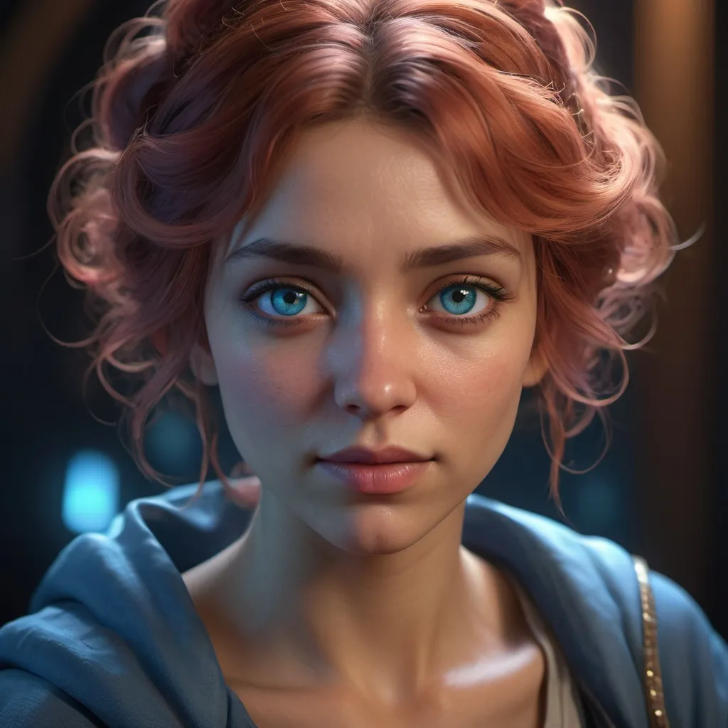 Prompt: female with a smirch on her face and a slight smile with an ominous blue light shadow over her eyes.ultra detailed, ultra quality, CGSociety,  trending on Artstation triadic colors Unreal Engine 5 volumetric lighting Alphonse Mucha WLOP Jordan Grimmer,  ray tracing reflections